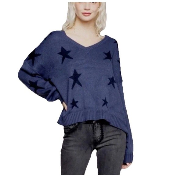 POL Blue Knit Sweater Women’s Medium Star Print Oversized V-Neck Long Sleeve - Picture 1 of 7